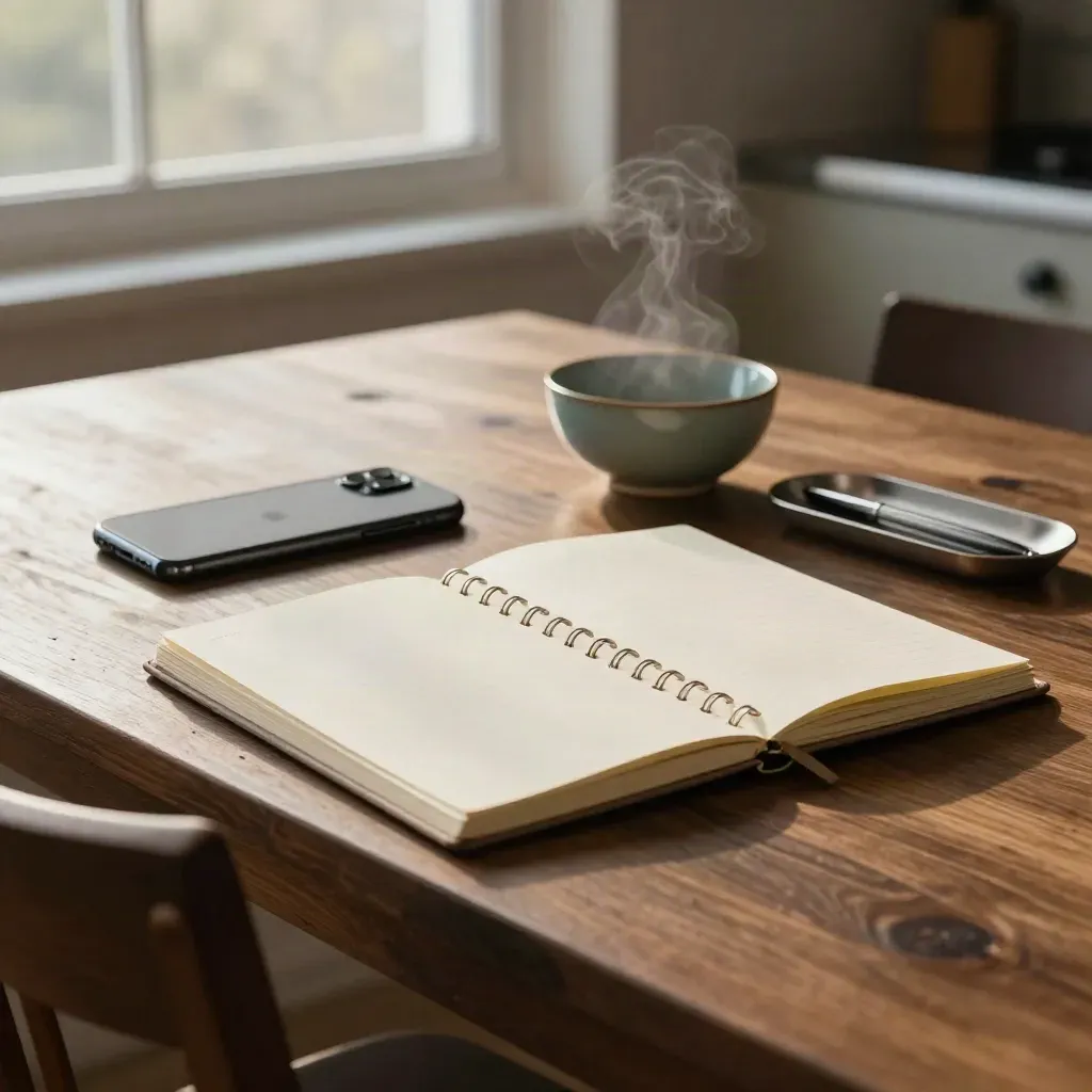 Sunrise planning spread with notebook, phone, bowl, pen tray and chair by a kitchen window.