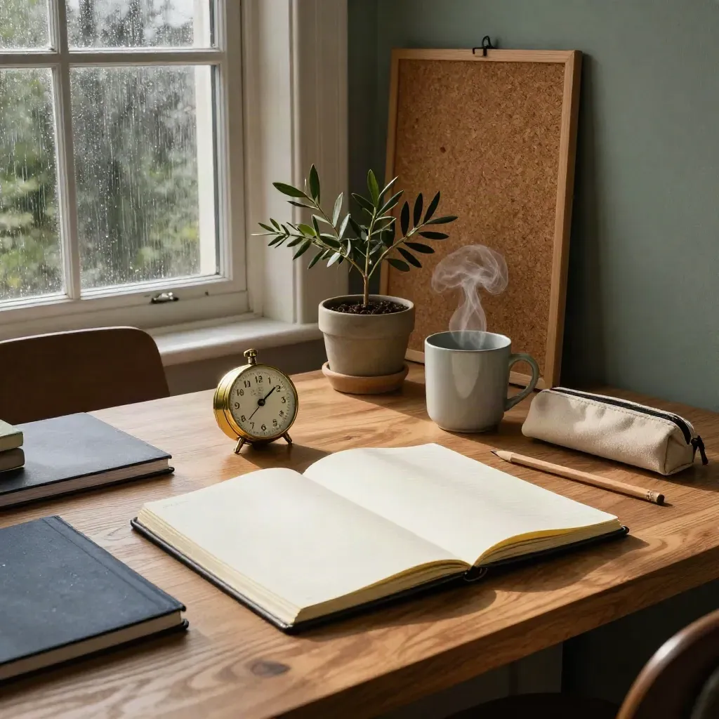 Rain-lit coaching studio corner with notebook, folio, timer, mug, plant, pinboard, chair.