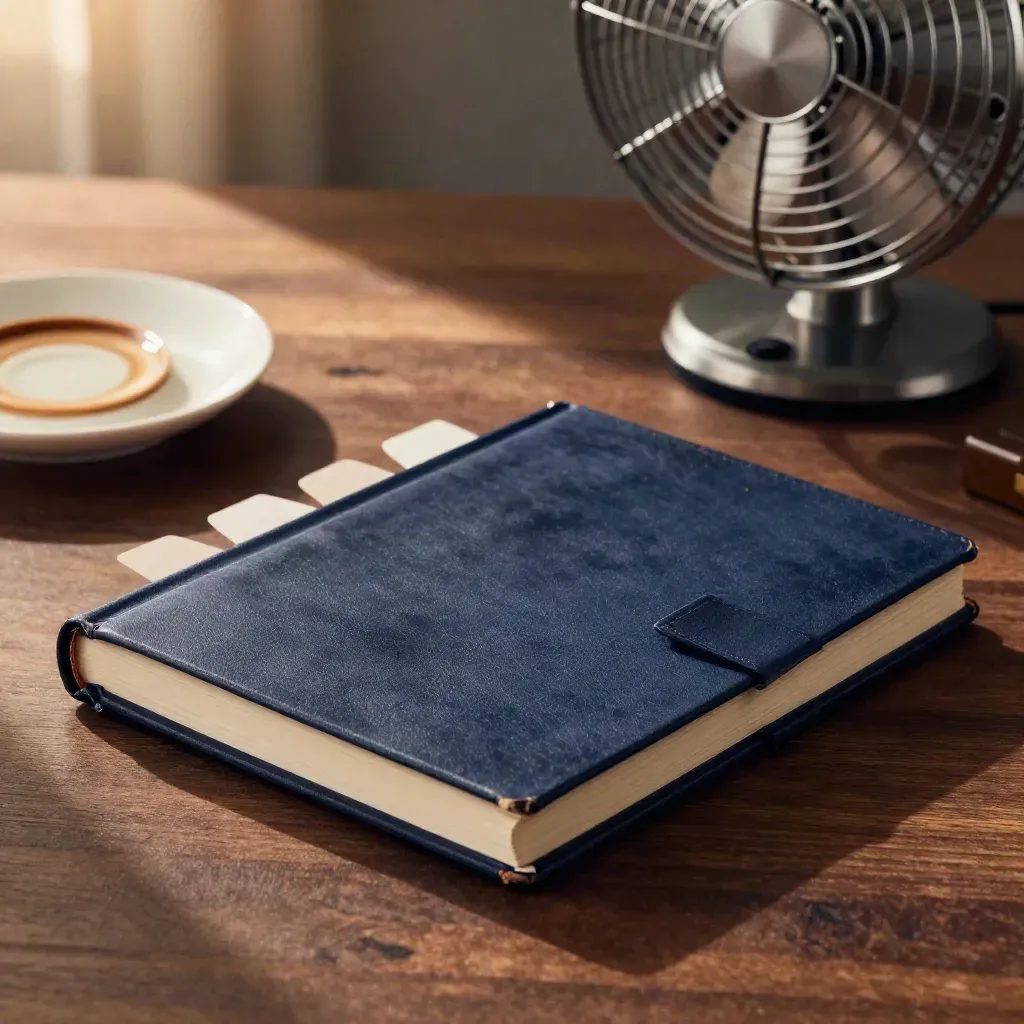 Open navy notebook, coffee-ring saucer, and still desk fan in warm sunset light