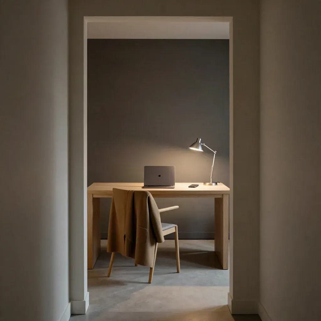 Hallway view into a home office with closed laptop, face-down phone, coat on chair, lamp off