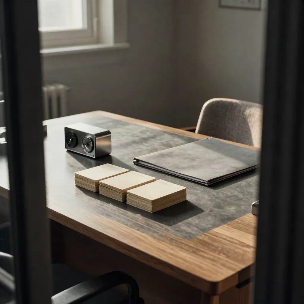 Dawn coaching desk with task cards, timer, folder, and pulled-back chair in cool window haze.