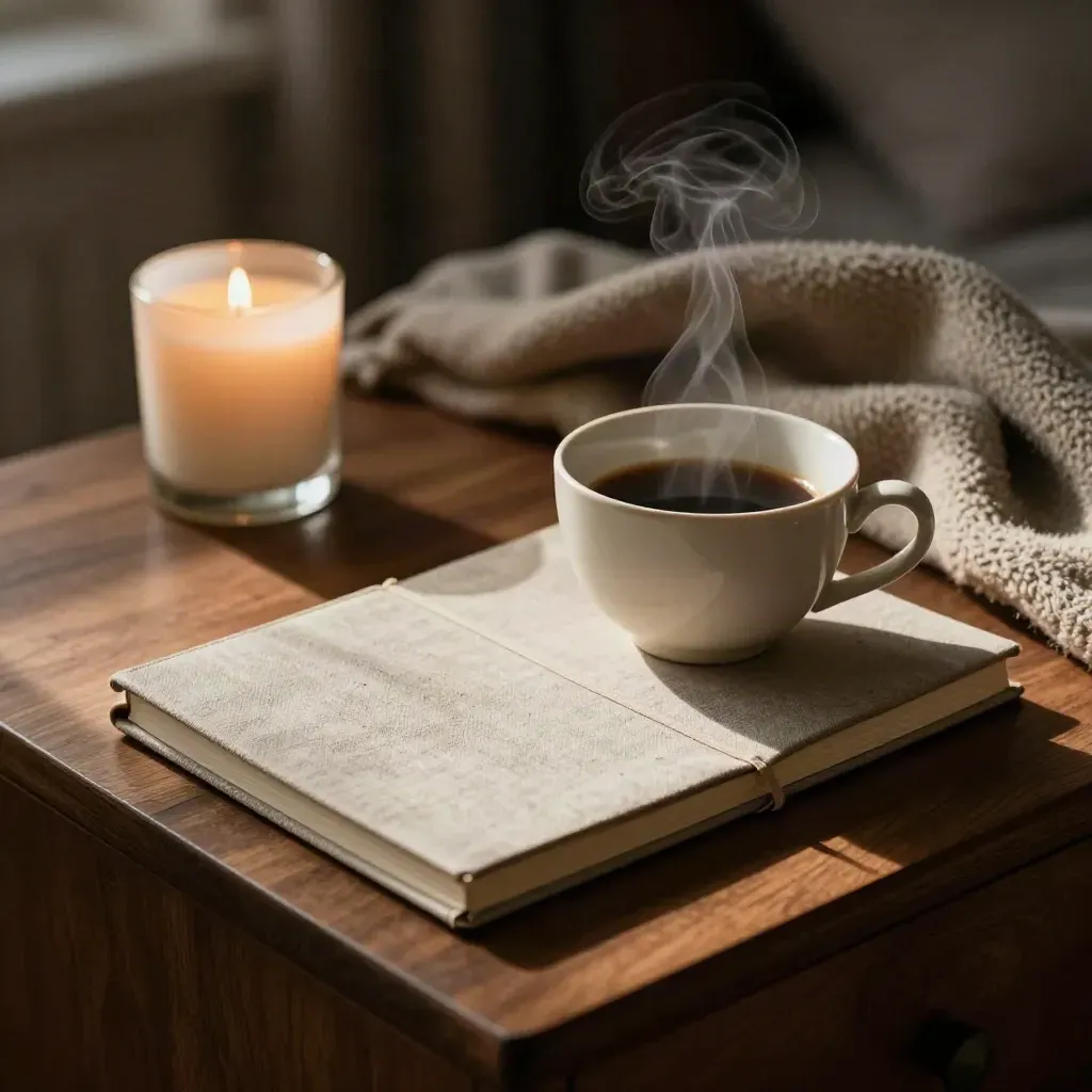 Notebook, tea cup, candle jar and blanket on a bedside table in warm evening light.