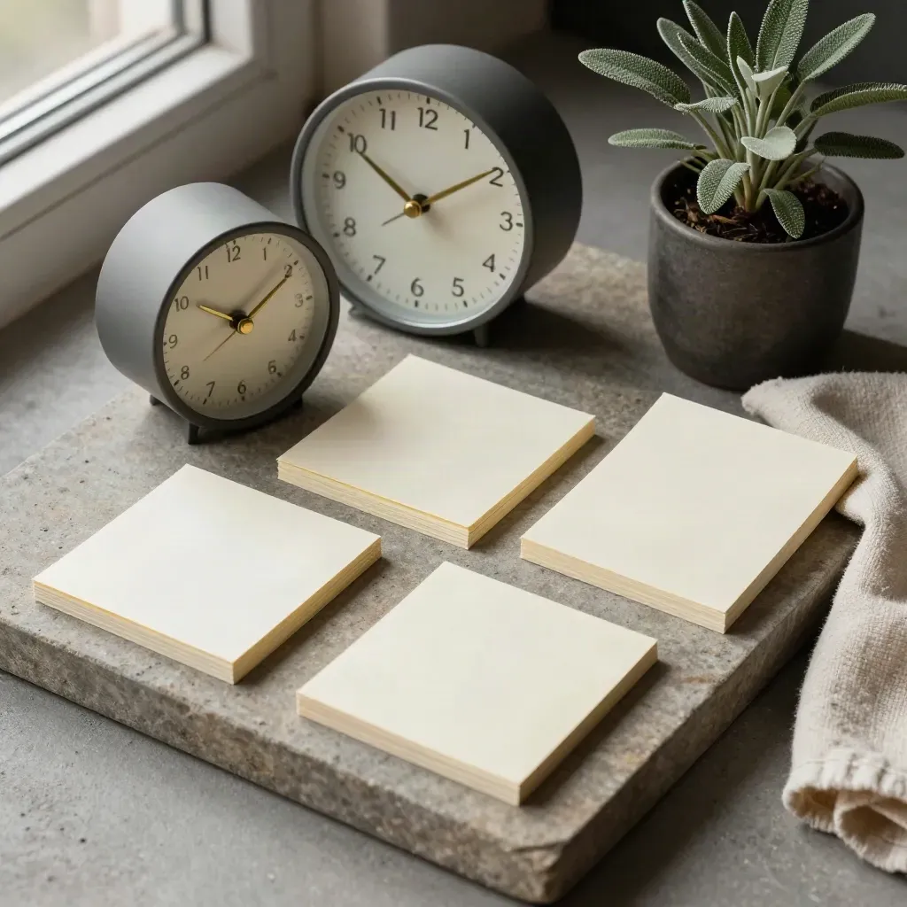 Top-down still life of a desk clock, note cards, cloth and potted plant on a stone tray.